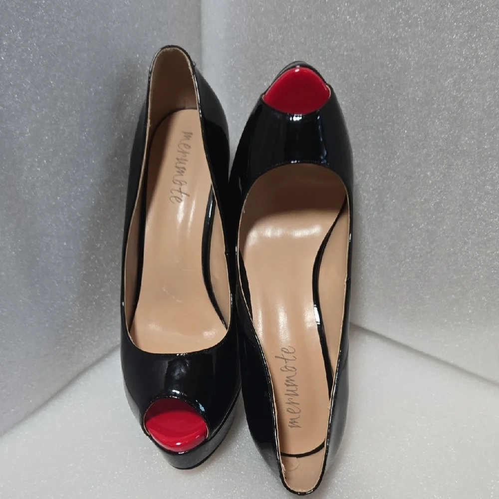 Marumote 6" SHINEY BLACK STILETTOS W/ RED PEEP VALENTINE'S  DIVA 9.5 - Picture 8 of 17
